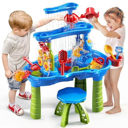 Image of JUKUDAHU Kids Sand Water Table for Kids 3 4 5 6 7 8 Years Old - 3-Tier Summer Outdoor Toys, Water Waterfall Sensory Play Table with Beach Toy Accessories, Summer Activity Table Toddlers 3-4 3-5
