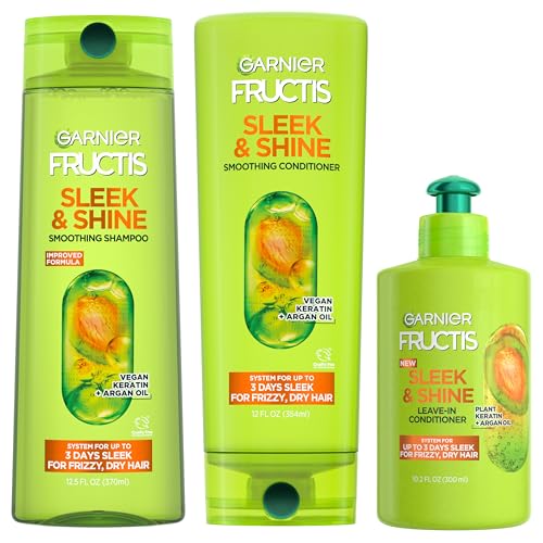 Garnier Fructis Sleek & Shine Shampoo, Conditioner + Leave-In Conditioner Set for Frizzy, Dry Hair, Plant Keratin + Argan Oil (3 Items), 1 Kit (Packaging May Vary)