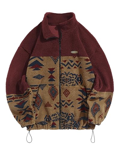 ZAFUL Men Ethnic Aztec Printed Fluffy Fuzzy Jacket Plush Fleece