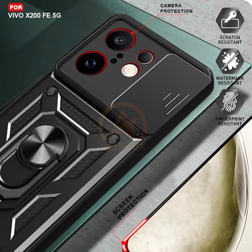 Image of Armor Bumper Back Cover Case for Vivo X200 FE 5G Rotating Camera Cover, Ring Holder & Kickstand | Heavy Duty & 360 Degree Protection Vivo X200 FE 5G Back Cover (Black)