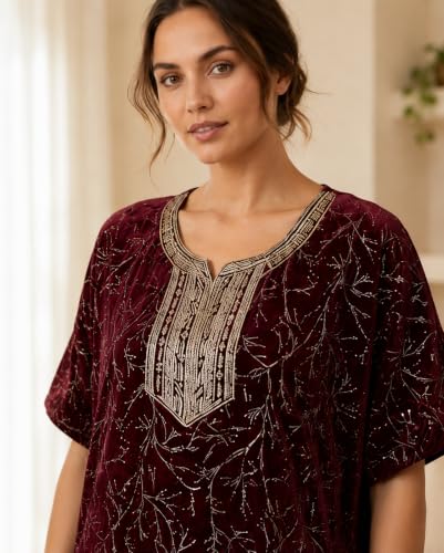 Image of Pure Cotton Hand Embroidery Nighty for Woman | Floral Gown for Women Nightwear Nighty for Women Stylish Maxi for Women Cotton - Free Size Maroon