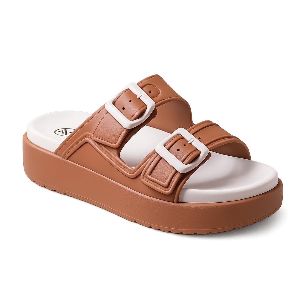 Men's Double Buckle Platform Slide Sandals, Tan Brown-image-7