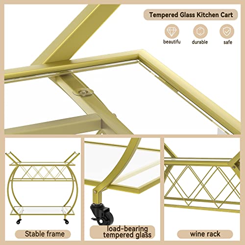 Lazeyard Gold Bar Cart,2 Tier Bar Cart With Wine Rack And Wheels,Home Bar Serving Cart With 2 Glass Shelves,Industrial Mobile Bar Cart For Home/Kitchen/Club/Living Room Serving Decoration #TOP2