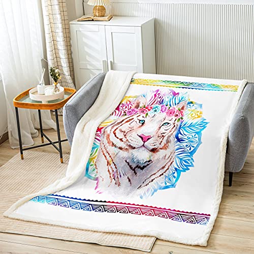 Hippie Mandala Sherpa Blanket Tiger Throw Blanket For Kids Boys Girls Children Bohemian Style Plush Blanket Ultra Soft Wildlife Style Fuzzy Blanket For Sofa Bed,King 87X94 Inch #TOP24
