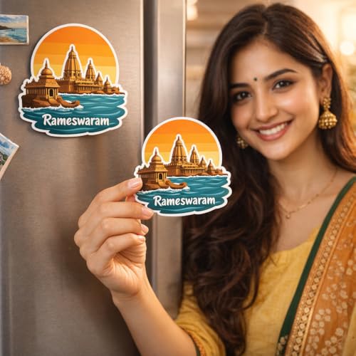 Image of Naxon Rameswaram Temple Souvenir Wooden Fridge Magnet | Ramanathaswamy Temple Spiritual Design 3x3 Inch Refrigerator Magnet for Kitchen & Home Decor | Religious Travel Gift from Tamil Nadu | Pack of 1