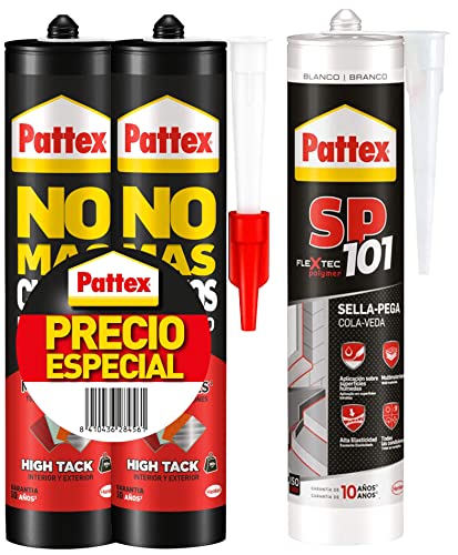 Pattex No Mas Clavos Para Todo HighTack, adhesivo de montaje resistente a temperaturas extremas + SP101 Original, Adhesivo Sellador para Interiores y Exteriores, Polímero Sellador Blanco Multimaterial