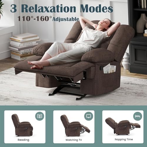 Image of Oversized Rocker Recliner Chair, Wide Manual Recliner with Adjustable Backrest & Footrest, Comfortable Rocking Reclining Sofa for Living Room & Bedroom, Chocolate