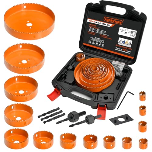Luckyway Hole Saw Kit Pro, 24PCS Hole Saw Set with 3/4'-6'(19-152mm) 14PCS Hole Saws, Double-Ground Teeth for Clean Cutting, Ideal for Soft Wood, Plywood, Drywall, PVC