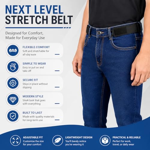 Image of FEORA Buckle Less Belt for Men, No Buckle Belt Free Size Adjustable Elastic Belt Strap for Men Jeans Women Dresses Buckleless Belt Hook Tactical Metal (BLACK)