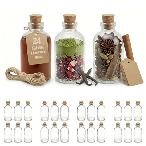 casavetro 24 Fiole en Verre 50ml, Petite Bouteille en Verre 50 ml - Mini Bouteille Verre Flacon Mignonette Alcool Vide Bouchon Liège Mariage Étiquette