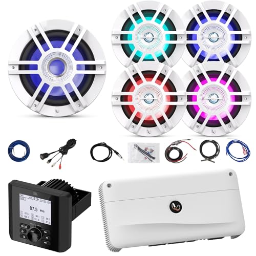 Bluetooth Multi-Element Digital Media Marine Audio Receiver, 4X 6.5 300W Coaxial White Boat RGB LED Speakers, 10