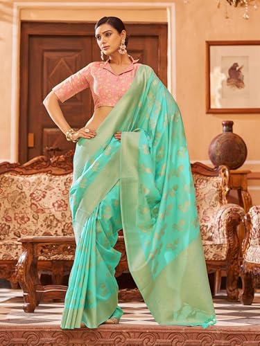 Image of SWORNOF Women's kanjivaram banarasi silk saree Zari Woven for festival Wedding silk with rich pallu Design sarees for women with Unstitched blouse piece