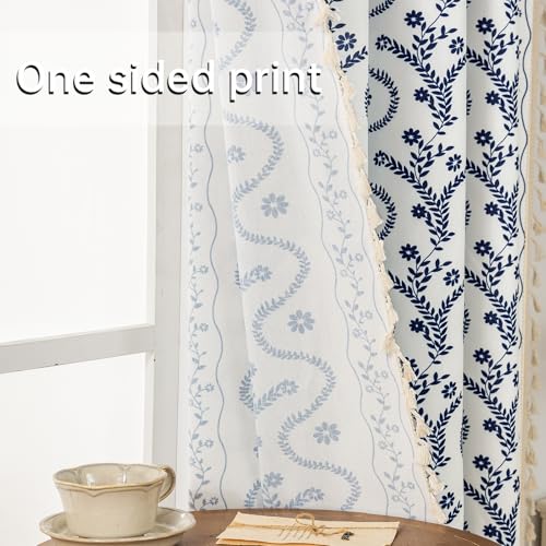 Image of Boho Curtains 63 Inch Long for Living Room, Bedroom, 2 Panels Floral Farmhouse Vintage Tassel Semi Sheer Light Filtering Privacy Window Curtain Drapes with Rod Pocket, Navy