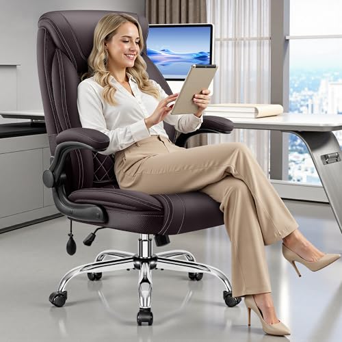 Image of BestGlory Executive Office Chair with Lumbar Support, Big and Tall Ergonomic Computer Desk Chair, Leather Comfy High Back Gaming Chair with Flip Up Arms & Rocking Function for Home Office, Coffee