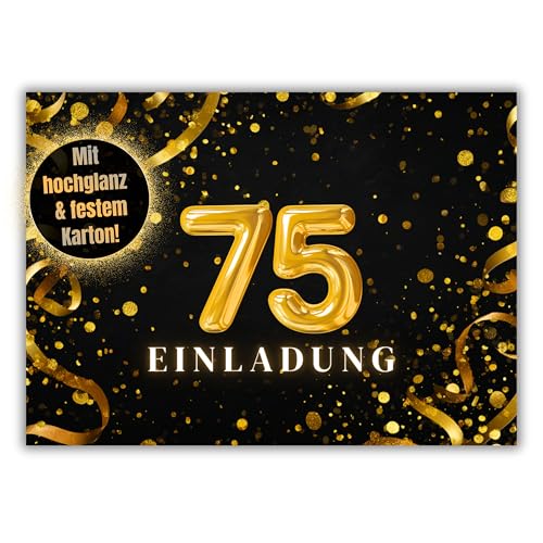 HIDEBLOOM 75. Geburtstag Einladungskarten - 12 Stück - DIN A6 (10,5 cm x 14,8 cm) - Geburtstagseinladungen Einladungskarten Geburtstag - 75 Gold