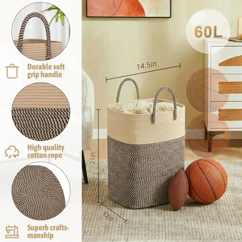 Image of Laundry Basket,Woven Cotton Rope Laundry Hamper,Versatile Storage for Dirty Clothes,Baby Toys,and Blankets in Bathroom, Nursery,and Living Room (Jute, 60L)