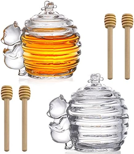 Bekith 2 Pack Crystal Honey Jar with 4 Wooden Dippers, 6.6 Fluid Oz Glass Bear Honey Pot with Lid, Honey Containers Honey Holder for Storage