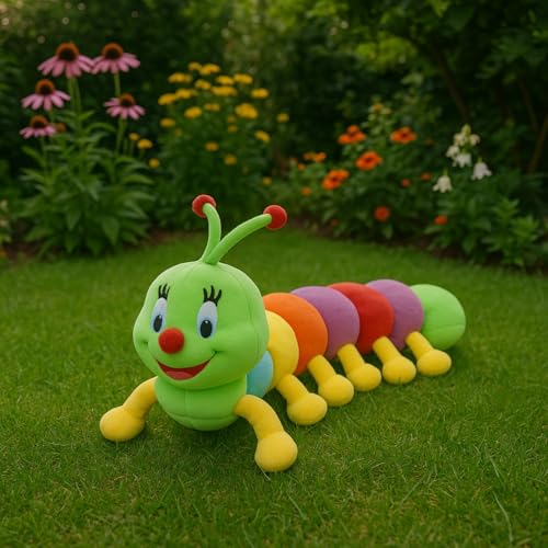 Image of Super Soft Colorful Caterpillar Stuffed Toy Long Plush Animal with Rainbow Body Segments Cute Cartoon Face Bright Antennae & Multiple Legs Perfect for Children, Toddlers Learning Play(9cm)