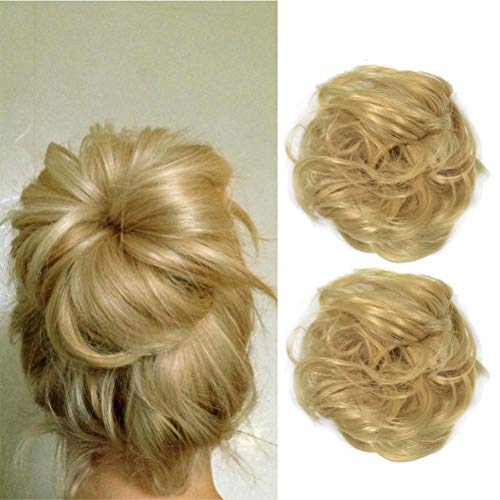 iLUU 2pcs Hairpieces for Women Synthetic Scrunchies Hair Bun Extension Messy Bun Donut Hair Pieces Wavy Updo Ponytail (Light Peach Blonde)