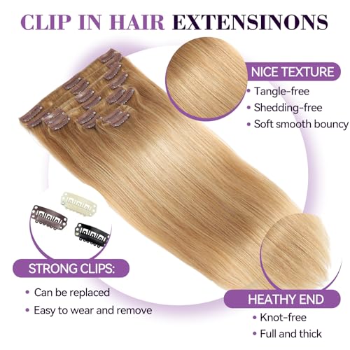 Image of Clip in Hair Extensions Real Human Hair 20 inch 105g /3.7oz Straight Seamless Invisible Human hair Extensions Clip ins for Women Double Weft 8pcs #27-Honey Blonde