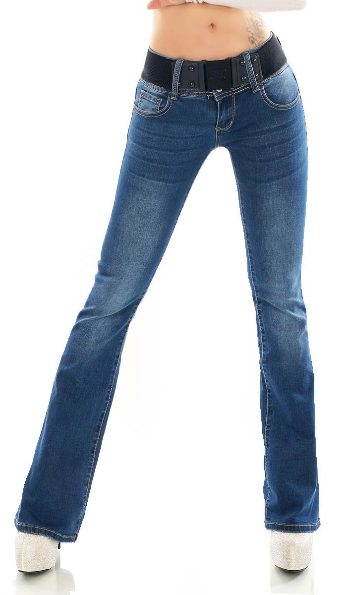 Damen Basic Slim Fit Stretch Bootcut Jeans Schlag Hose Middle Waist blau W386