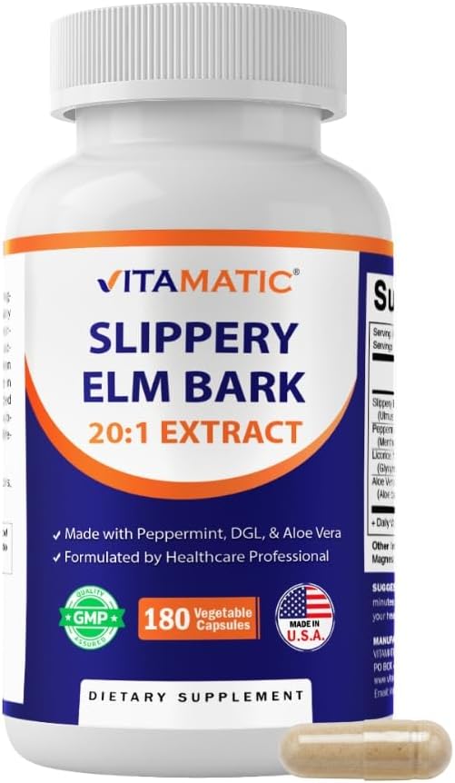 Vitamatic Slippery Elm Bark 20:1 Extract, Made with Peppermint, DGL, & Aloe Vera - 180 Veg Capsules, and Concentrated 20X Potency