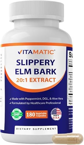 Vitamatic Cápsulas de corteza de olmo resbaladizo – menta, DGL y extracto botánico de aloe vera – Extracto a base de plantas – Vegano, sin OMG – 180