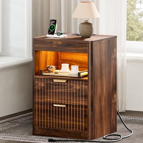 REAHOME Fluted Nightstand with Charging Station, Modern LED Night Stand with 2 Drawers and Pull Out Tray, Wood Bedside Table, End Side Table with Open Shelf for Bedroom,Walnut by REAHOME - Image 9