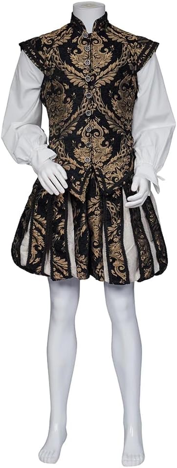 Willyacos Renaissance Tudor Costume - Men's Elizabethan Era Prince Tudor King Doublet & Vest with Pumpkin Pants XX-Large Black Golden