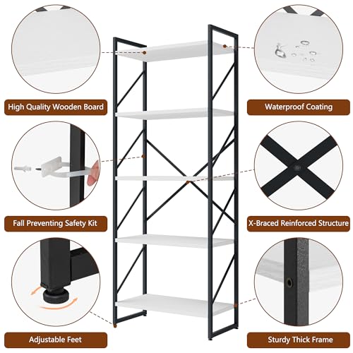 Shintenchi 5 Tiers Bookshelf, Classically Tall Bookcase Shelf,Industrial Book Rack,Modern Book Holder in Bedroom/Living Room/Office, Storage Rack Shelves for Books/Movies,11.8" Dx23.6 Wx62.2 H,White