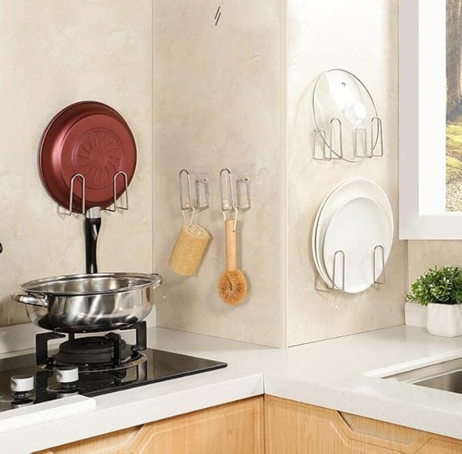 4 Pairs of Pot Lid Organizer, Stainless Steel Wall Mounted Lid Holder,Adjustable Cabinet Door Self Adhesive Pan Lid Organizer Pot Hangers for Kitchen Wall Mount (Silver-1)