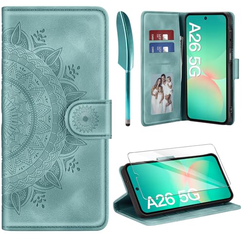ivencase Lederhülle für Samsung Galaxy A26 5G Hülle und Schutzfolie Premium Klappbar Handyhülle Flip Wallet [Kartenfach] [PU Leder] [Ständer] Schutzhülle Kompatibel mit Samsung A26 5G Grün