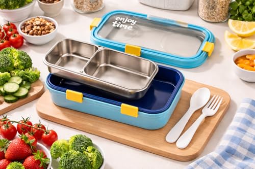 Image of Children's Stainless Steel Bento Lunch Box with 2 Compartments Durable Leakproof Reusable Tiffin Container for School, Daycare, Picnic, Travel & Outdoor Activities (BPA-Free Design)