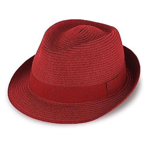 fiebig Jackson Trilby Papierhut mit farbigem Ripsband | Sonnenhut aus 100% Papier | Natur Sommerhut (57-M, Rot)