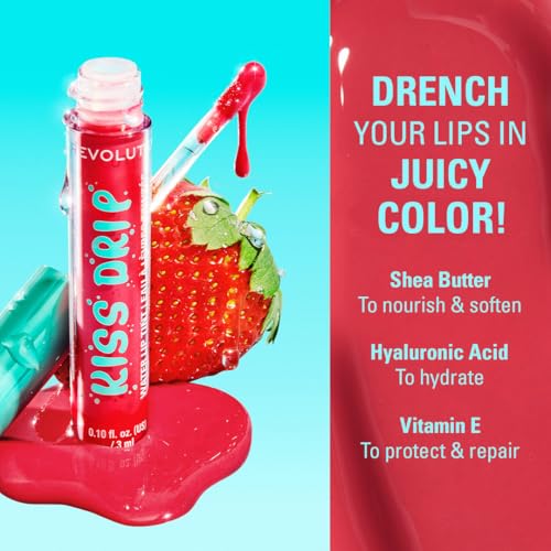Image of Makeup Revolution Kiss Drip Water Lip Tint 3ml - Cherry Glace | Sheer Buildable Glossy Lip Tint | Hydrating Formula with Shea Butter, Vitamin E & Hyaluronic Acid | Lightweight Dewy Finish