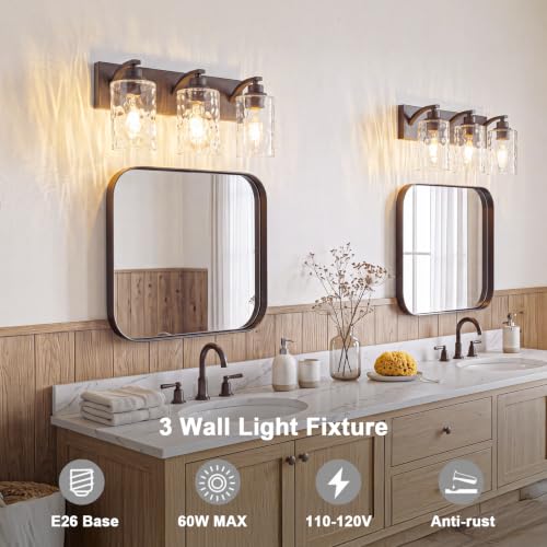 Image of 3-Light Bathroom Light Fixtures Modern ORB Vanity Lights | Easy to Install Clear Hammered Glass Shades, Rippled Glow, Wall Mount Up or Down, E26 Socket, Hardwired, 120V