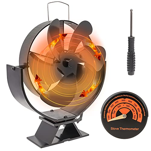 PNGOS Kaminventilator Ofenventilator Ohne Strom Wärmebetriebener Lüfter Einstellbarer Winkel mit 6 Blättern Leiser Betrieb Mit Thermometer für Holz Kaminofen Holzbrenner Ofenrohr Cover