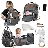 Diaper Bag with Changing Station - Baby Bag Backpack with Portable Bassinet and Travel Bed Mat Pad - Cute Rabbit Distraction Toy for Diaper Change - Large Storage, Waterproof, Grey with Charging Port