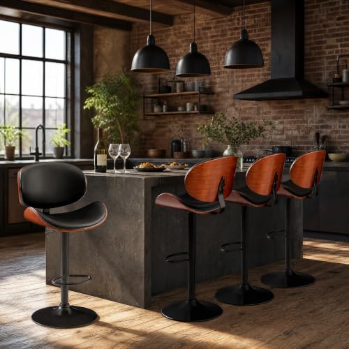 Image of Homall Swivel Bar Stools Set of 4, Counter Height Bar Chairs w /PU Leather Back, Adjustable Height & Footrest, Modern Upholstered Barstools for Kitchen Island Dining Room Bar, Black