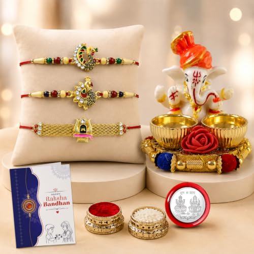 Image of Oblivion Designer Multicolor Bird & Shivling Rakhi Combo for Brother Bhaiya Bhai with Ganesha Thali, Roli Tikka, Silver Color Pooja Coin & Greeting Card | Raksha Bandhan Festival Gift Set | Pack of 7