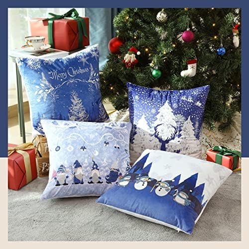 Lewondr 18x18 Christmas Pillow Covers Set of 4 Velvet Embroidery Throw Pillow Cover for Winter Holiday Christmas Pillows Farmhouse Home Couch Decor Cushion Case, Blue