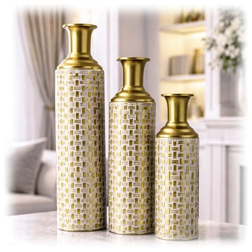 Leewadee Set di 3 grandi vasi da pavimento – Vasi decorativi alti in Metallo Oro Bianco (76/62/50 cm) – Elegante decorazione moderna per la casa