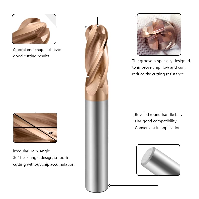 Image of Carbide Ball Nose End Mills-4 Flute TISIN Coated,for Milling Alloy Steels, Hardened Steel, Metal etc.1 Pcs R5x75mm