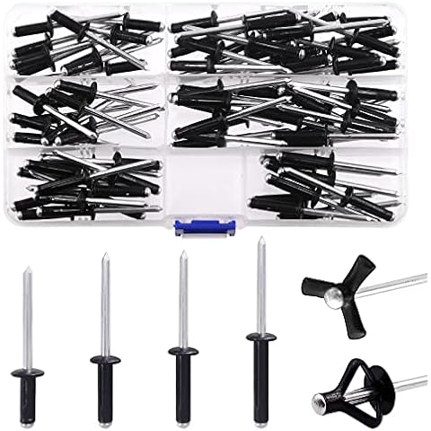 Keadic 80Pcs Blind Rivet Assortment Set, 4 Sizes Pop Rivets Black Tri-fold Exploding Pop Rivets (9/16", 3/4", 13/16, 1"), Black Large Flange Blind Rivets Aluminum Pop Rivets for Metal Furniture Cover