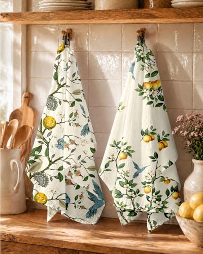 Image of Miss Adola 4PCS Flour Sack Towels - 18 inchx 26 inch Floursack Dish Towels Set of 4 with Hanging Loop Cotton Tea Towel Absorbent French Decorative Dishcloth for Drying Home Decor Housewarming Gift, Lemon Bird