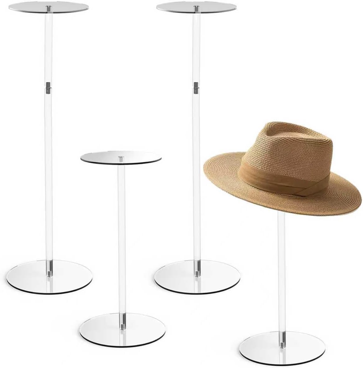 8 Pcs Acrylic Hat Stand, 12" to 17" Clear Hat Stands, Wig Hat Display Rack, Adjustable Height Hat Holder, Round Acrylic Risers for Display Hat (8 pcs)
