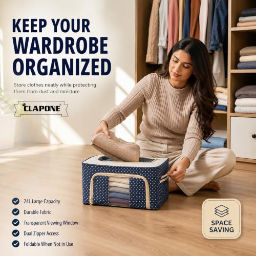 Image of CLAPONE Foldable Steel Frame Cloth Organizer Storage Box and Organiser /Wardrobe Organizer for Storage /almirah for Sarees /Shirts /Blankets /Clothes Storage Box (Blue, 24 Ltr Pack Of 2)