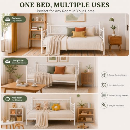 Image of Garvee Daybed with Pull Out Trundle, Metal Sofa Bed Frame with Heart Headboard, Steel Slat Support, No Box Spring Needed, Guest Bed for Bedroom, Living Room,