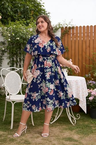 Image of Plus Size Summer Dresses for Women Casual Short Sleeves A Line Midi Dress