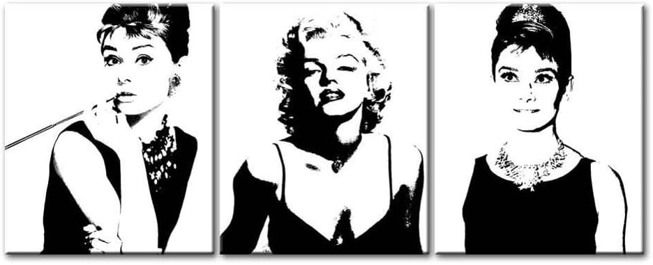 Canvas Print Wall Art Painting For Home Decor Black And White Classical Vintage Movie Star Portrait Marilyn Monroe And Audrey Hepburn With Cigarette 3 Pieces Panel Paintings Modern Giclee Stretched And Framed Artwork The Picture For Living Room Decoration Star Pictures Photo Prints On Canvas